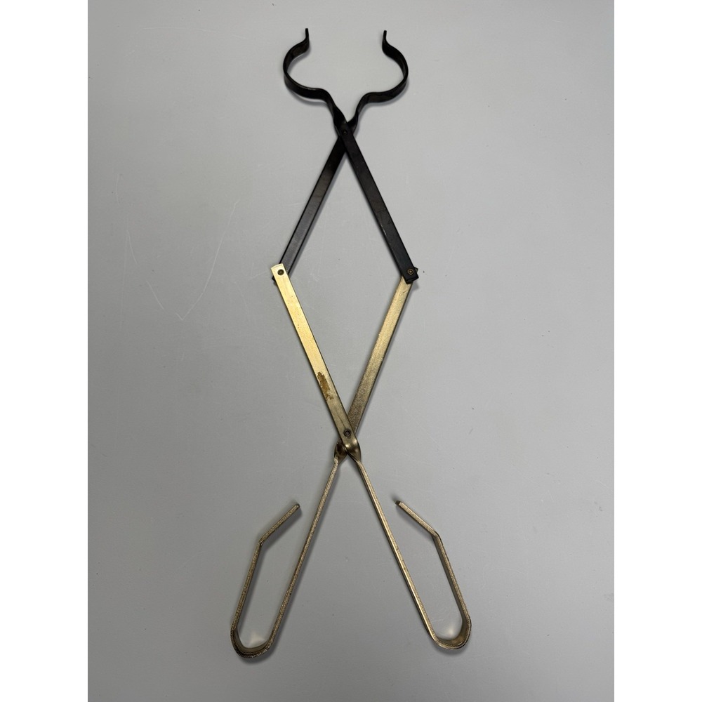Vintage 50s Fireplace Log Grab Tongs Brass & Black Iron 30" Bennett 1950s Logger
